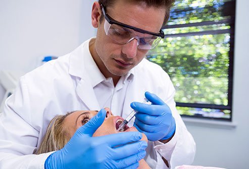 A mandibular nerve block numbs parts of the mouth and face in preparation for surgery.