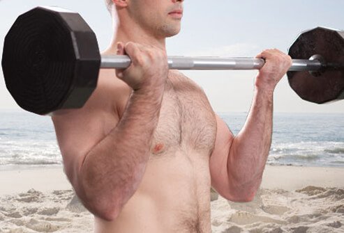 Stand gripping a barbell at thigh level.