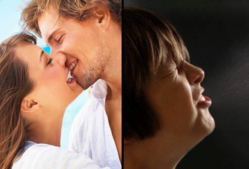 A young couple kisses, and a boy sneezes, spraying germ droplets.