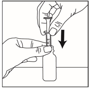 On the flat surface, use one hand to hold the bottle and
use your other hand to insert the oral syringe into the bottle opening - Illustration