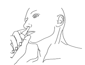 Tilt the actuator so that the opening on the tip of the actuator is in contact with the lateral wall of the nostril to ensure that the gel is applied to the nasal wall - Illustration