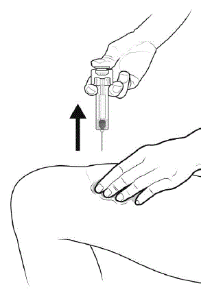 Keep the plunger rod fully pressed down while you carefully pull the needle straight out from the injection site - Illustration