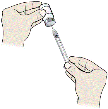 Keep the needle in the vial and turn the vial upside down. Make sure that the NIVESTYM liquid is covering the tip of the needle - Illustration