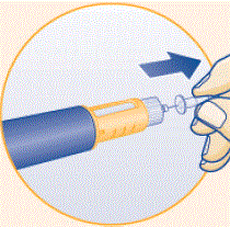 When you are ready to give your injection, take a new disposable needle, and remove the paper tab. - Illustration