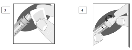 Wipe the front rubber stopper of the 3 mL PenFill® cartridge with an alcohol swab, then screw on a new needle - Illustration
