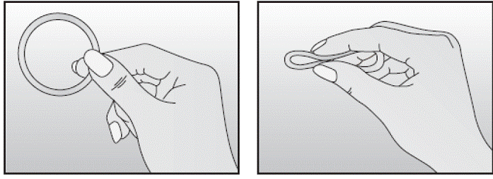 Hold NuvaRing between your
thumb and index finger and press the sides of the ring together - Illustration