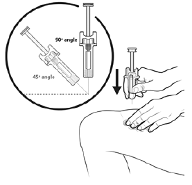 Hold the pinch. Insert the needle into the skin at 45 to 90 degrees - Illustration