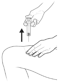 Keep the plunger rod fully pressed down while you carefully pull the needle straight out from the injection site and off your skin - Illustration