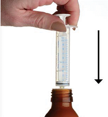 Push the plunger all the way down and then insert the
syringe into the upright bottle through the opening in the bottle adapter - Illustration