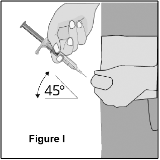 Using a quick, dart-like
motion, insert the needle into the squeezed skin at about a 45- degree angle - Illustration