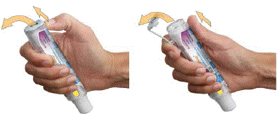 Hold the syringe in 1 hand. With the other hand gently remove the needle cover by pulling it straight off. - Illustration