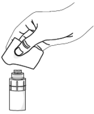 Take a single sterile disinfectant wipe
and gently clean the surface of the valve on the connector part of the vial
adapter - Illustration