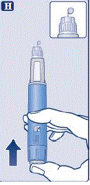 Hold the pen with the needle pointing up. Press and hold in the dose button until the dose counter shows 0. The 0 must line up with
the dose pointer. - Illustration