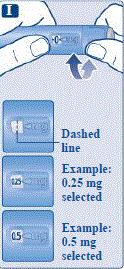 Turn the dose selector until the dose counter shows your dose (0.25 mg or 0.5 mg). - Illustration