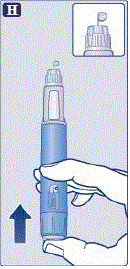 Hold the pen with the needle pointing up. Press and hold in the dose button until the dose counter shows 0. The 0 must line up with the dose pointer. - Illustration