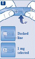 Turn the dose selector until the dose counter stops and shows your 1 mg dose. - Illustration