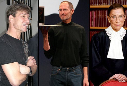 From left to right: Actor Patrick Swayze, who died of pancreatic cancer in September 2009, Apple cofounder and CEO Steve Jobs, and U.S. Supreme Court justice Ruth Bader Ginsburg who have been diagnosed with pancreatic cancer.