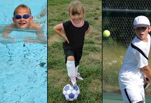 A boy swims, a girl plays soccer and a boy plays tennis.