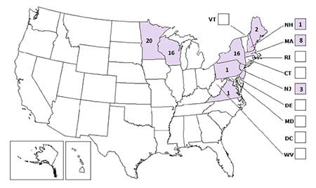 Picture of a map of Powassan virus infections reported by states, 2006-2015