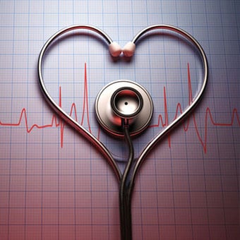 A stethoscope in the shape of a heart on top of a heart rhythm chart.