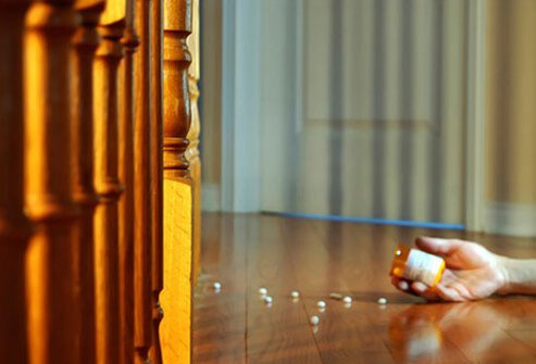 Spilled pills on the floor with a bottle in the hand of a person.