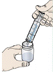 Place the tip of the oral dosing syringe into the open mixing bottle. Empty water into open mixing bottle by slowly pushing the plunger all the way into the oral dosing syringe. - Illustration