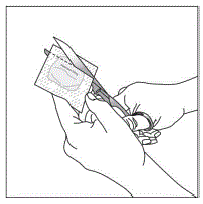 Using a clean pair of scissors, cut open
the packet on the dotted line - Illustration