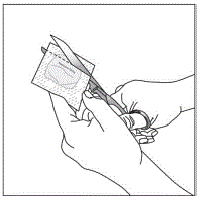 Using a clean pair of scissors, cut open the packet on the dotted line  - Illustration