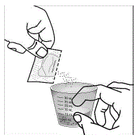  Empty the contents of the packet into the
medicine cup - Illustration