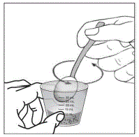  Hold the medicine cup with one hand. With
your other hand, use the small spoon to gently mix the powder and the infant
formula  - Illustration