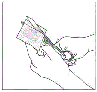 Using a clean pair of scissors, cut open
the packet on the dotted line - Illustration