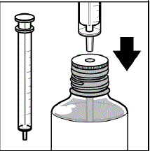 Keep the bottle upright on a firm table and insert tip of syringe
	into the opening of the white stopper - Illustration