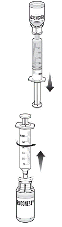 With the syringe still connected to the RUCONEST vial, turn the vial upside down - Illustration