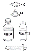 2 single-use vials of RUCONEST, Sterile Water for Injection, Antiseptic wipes, 1 syringe, 30 mL, Needle-free, vented or non-vented vial adapters - Illustration