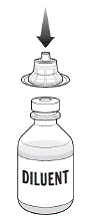 While holding the adapter in its package, place the first adapter over the diluent vial and press down until the device snaps into place - Illustration