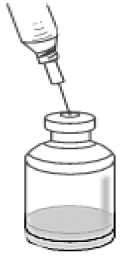 Using the same needle and syringe gently and slowly add the 12.5 mL of SWFI to the RYPLAZIM vial, directing the syringe down toward the side of the RYPLAZIM vial to prevent foaming - Illustration