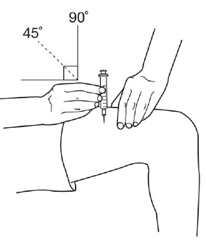 Hold the pinch. Insert the needle into the skin at a 45
to 90-degree angle  - Illustration