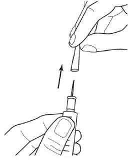 Carefully remove the needle cover by pulling straight off
and away from your body  - Illustration