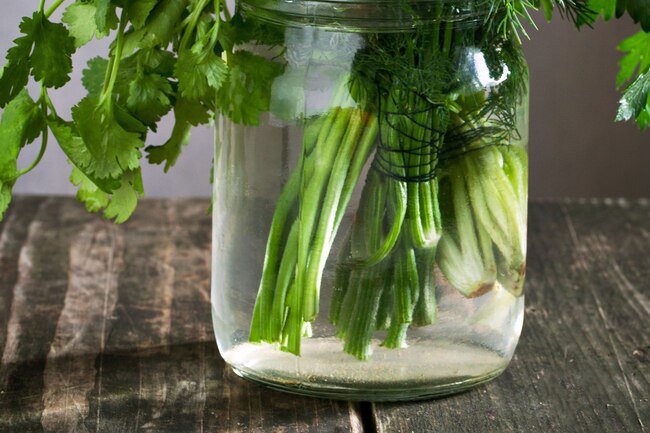 Many fresh herbs last longer when the ends are trimmed and placed in jars of water in the fridge.