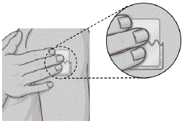 Holding the other half of the protective liner, apply the sticky half of the patch to the application site you chose and smooth it
down with your fingers. - Illustration