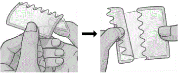 Hold the patch with the protective liner facing you. Bend the patch along the wave-shaped line in the middle of the protective liner. Slowly peel half of the protective liner off your patch. - Illustration