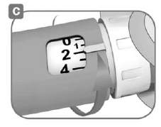 Select a dose of 2 units by turning the white dose knob - Illustration