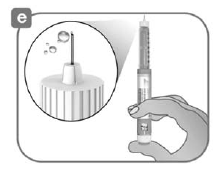 Press the purple injection button all the way in. Check if
insulin comes out of the needle tip - Illustration