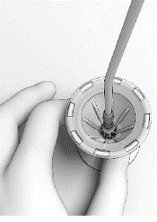 With the Thumb Rest depressed, gradually apply perpendicular downward force to the SINUVA Sinus Implant until the ends of the Implant collapse around the Seeker of Delivery System - Illustration