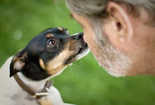 Photo of a dog licking a man's face.