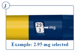 Always use the dose counter to select the exact dose. Do not use the “click” sounds you hear when you turn the dose selector to select your dose. - Illustration