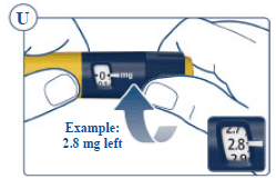 If the dose counter stops with the dose pointer lined up with “2.8”, only 2.8 mg are left in your Pen - Illustration