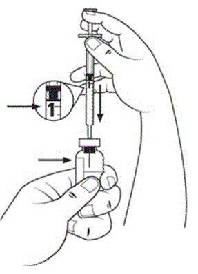 Push the needle of the diluent syringe straight through the center of the rubber stopper - Illustration