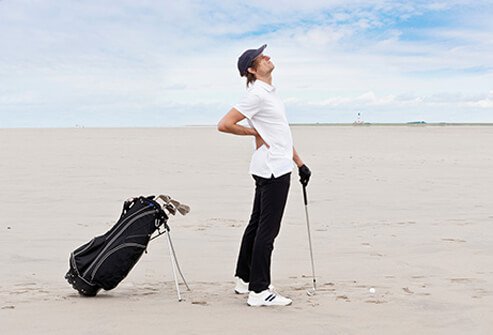 There are many causes of low back pain. Back pain may be due to overuse, such as playing one too many rounds of golf or lifting heavy weights.