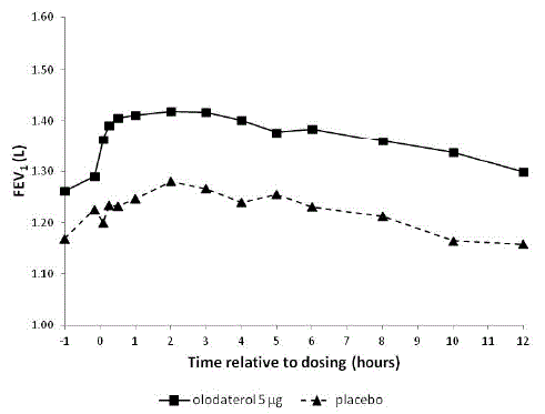 FEV<sub>1</sub> profile for STRIVERDI RESPIMAT 5 mcg and placebo at week 12  - Illustration